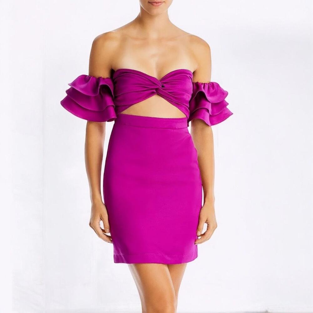 Yaura Womens Dress Size 10 Purple Fiyin Satin Off-The-Shoulder Mini Short